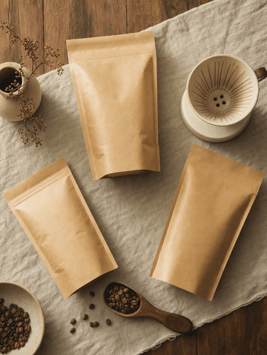 Three kraft coffee bags from the Origins Trio alongside a ceramic pour-over dripper, styled on linen