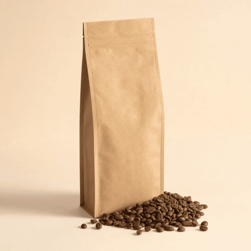 Cordillera kraft coffee bag with beans spilling at base on a cream surface
