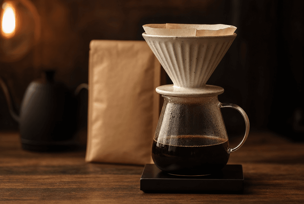 A hand pouring a slow bloom over a ceramic dripper on a dark walnut counter; steam catching warm window light; whole beans and a stamped kraft bag in soft focus
