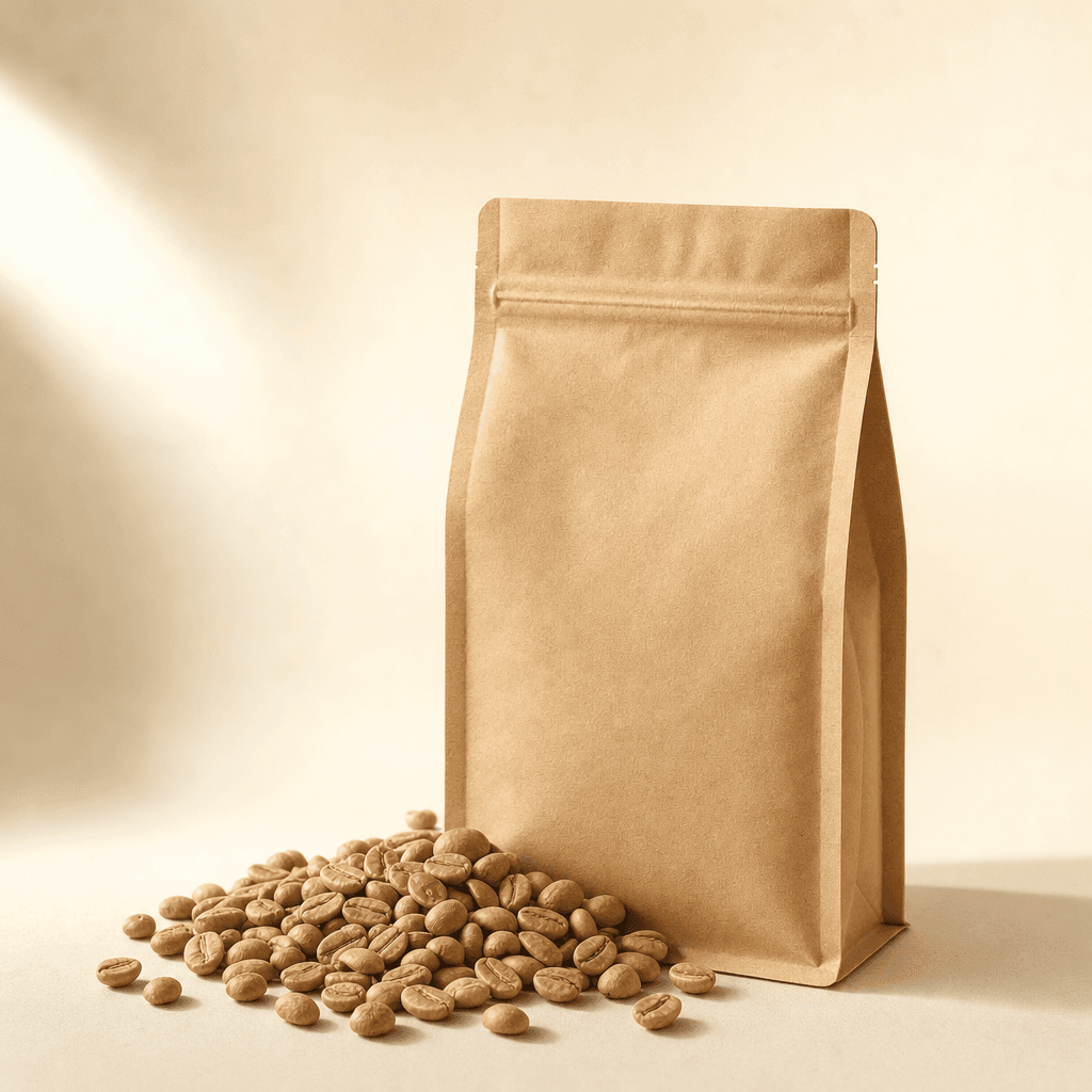 Meridian Line light-roast kraft bag with whole beans, warm rim light