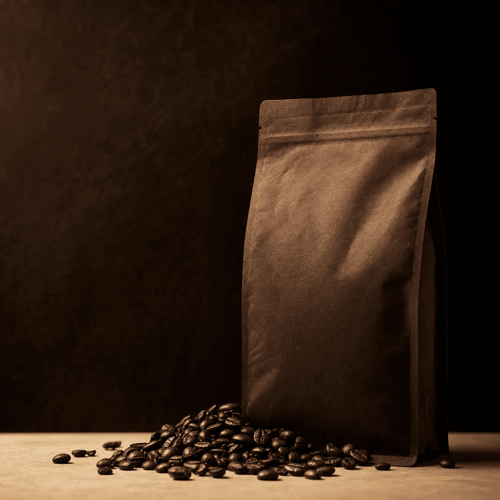 Nightwork dark-roast coffee bag, espresso styling, glossy beans and deep shadow