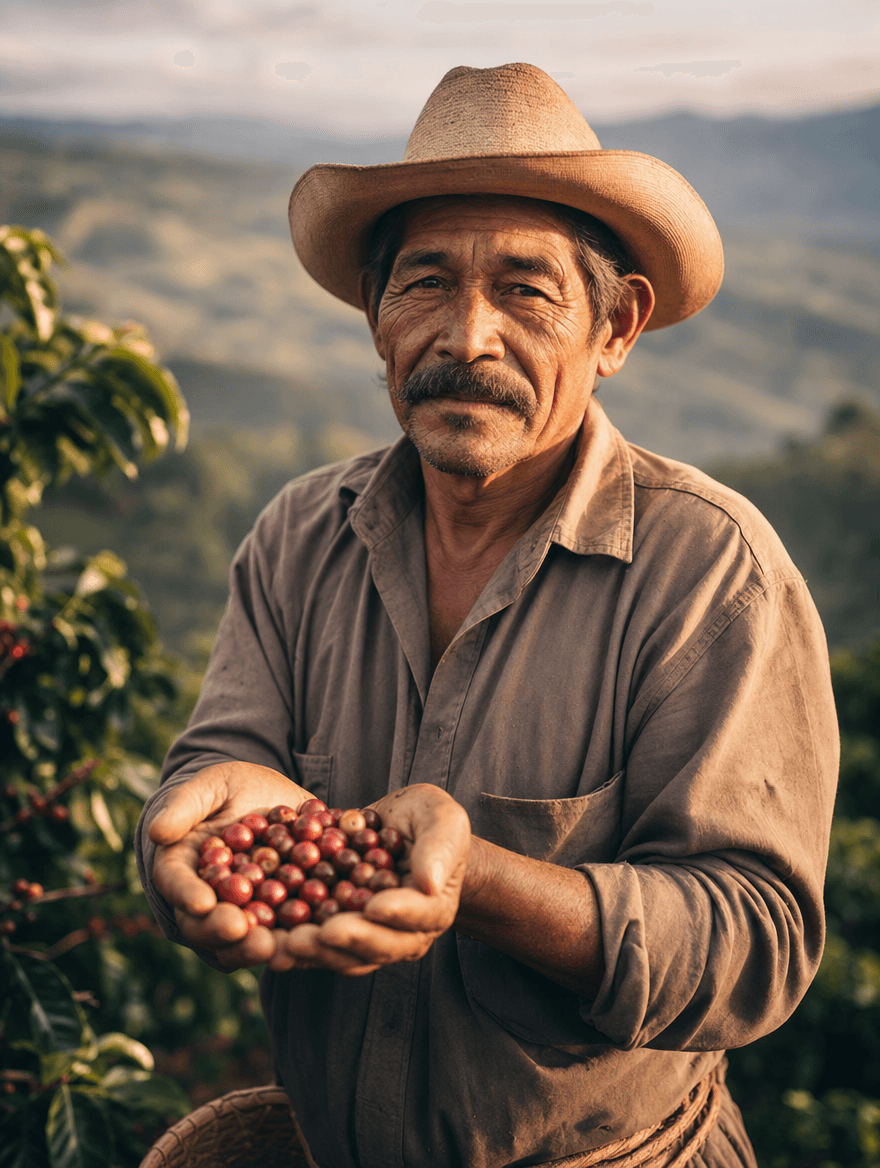 Coffee farmer holding freshly picked red coffee cherries at a named-farm partner in the mountains