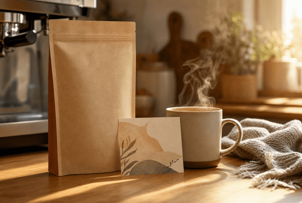 A kraft coffee bag, an origin card, and a steaming mug arranged together — a Meridian subscription delivery
