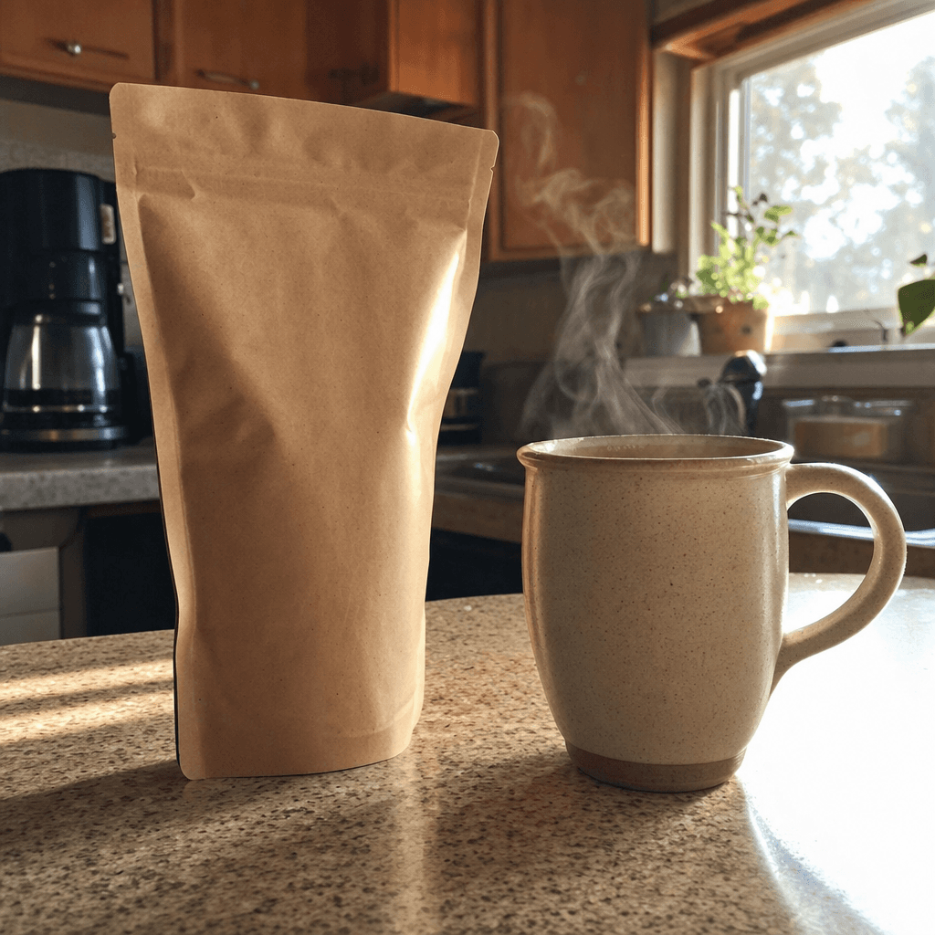 Kraft coffee bag and ceramic mug arranged on a kitchen counter